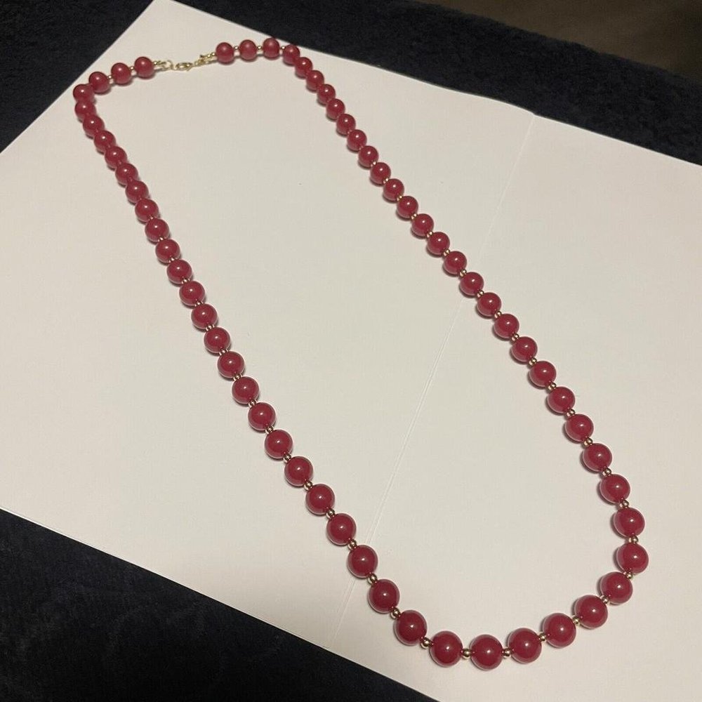 Women’s Signed Monet Beaded Necklace Gold Tone / Red Plastic Bead